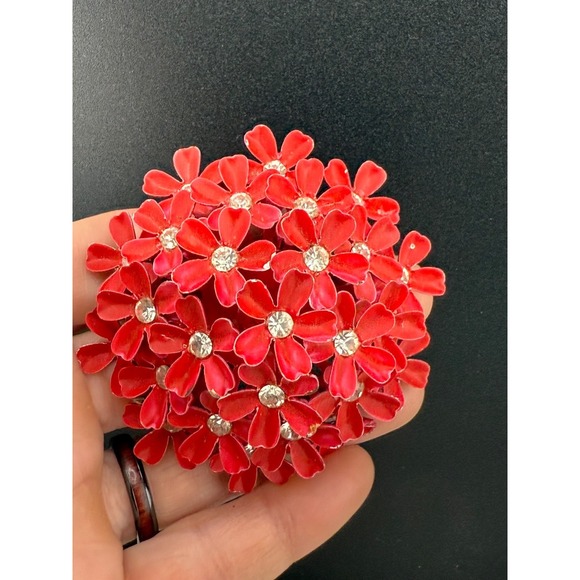 Vintage Red Enamel  Brooch Rhinestone Flower Dome - Picture 2 of 7